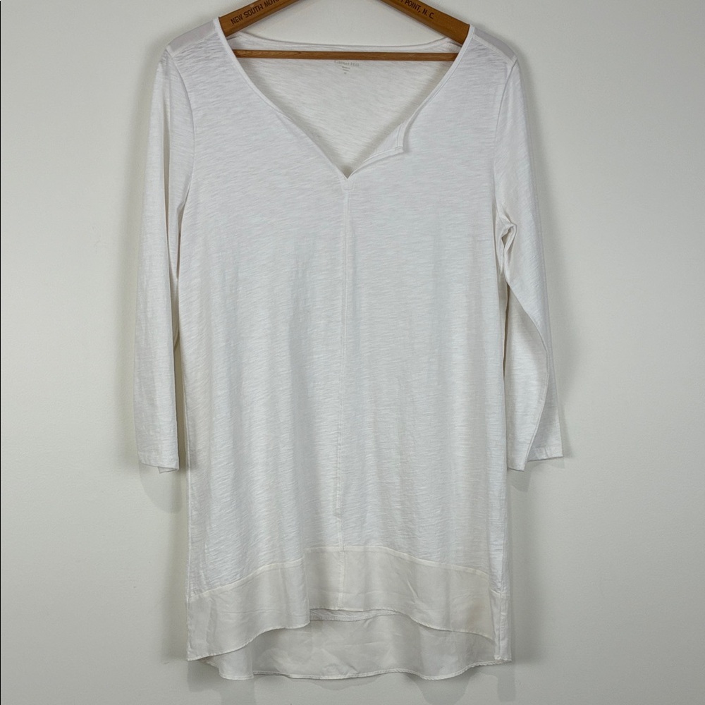 Garnet Hill Womens Medium V-Neck Tunic White Organic Cotton Silk Trim 3/4 Sleeve